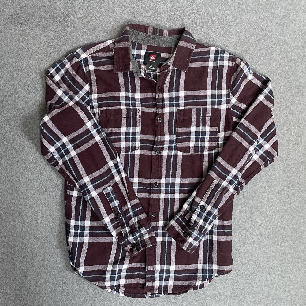 QUICKSILVER Plaid Flannel Button Down Shirt Sz S/Ch/P‎  Maroon Plaid